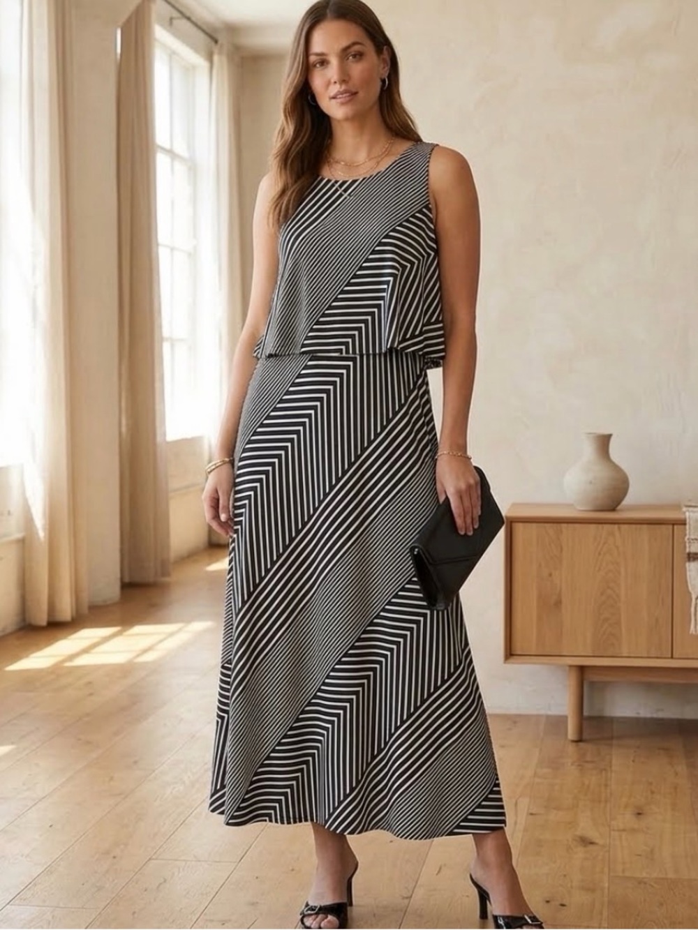 Elegant Black and White Striped Maxi Dress